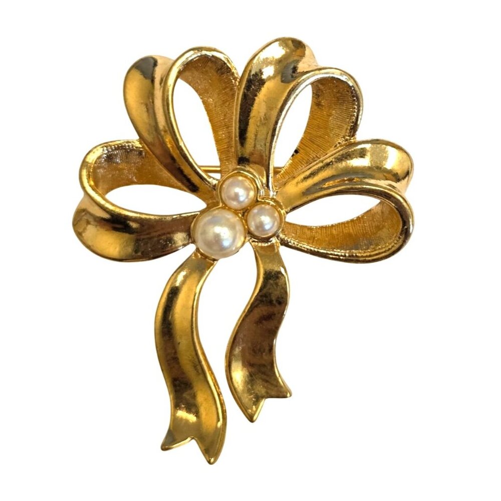 Vintage Gold Tone Bow Brooch With Faux Pearl Accents